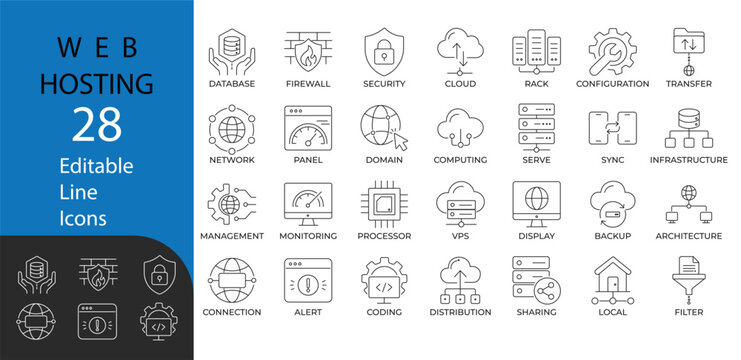 Web hosting and network line icon set. Contains symbols for database, cloud server, firewall, security, and VPS. Vector design for IT infrastructure, web development, and tech UI.