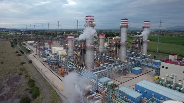 Industrial power plant complex emitting steam in aerial motion footage