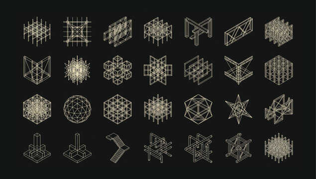 Set of abstract geometric isometric wireframe structural patterns and architectural grid shapes with geometric isometric wireframe structural architectural abstract construction