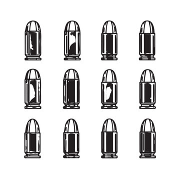 Twelve 9mm bullets arranged in a grid with stark contrast and graphic detail