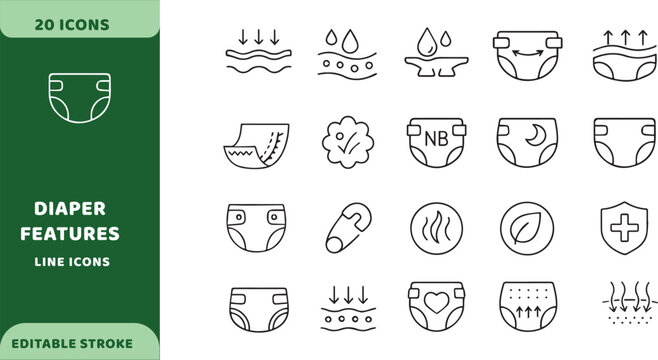 Diaper features line icons. Baby nappy properties, absorbent protection and care vector signs set