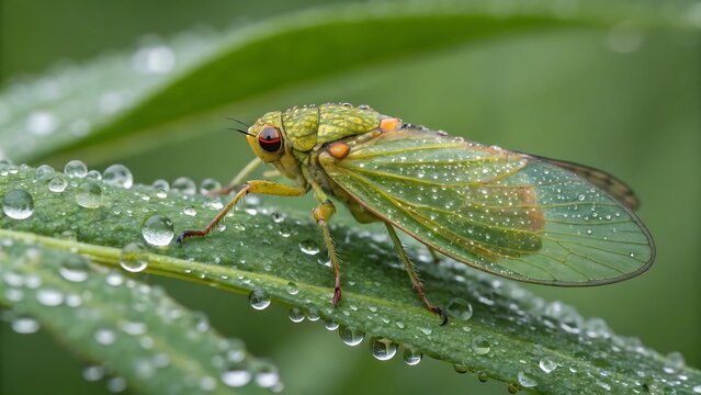 A vibrant green leafhopper rests upon a dew covered plant stem