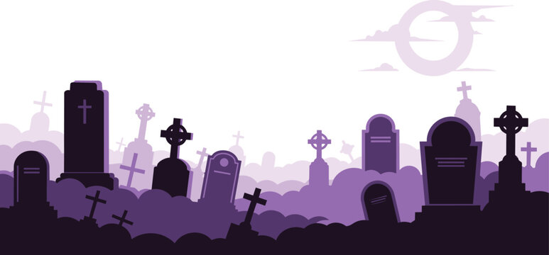 Spooky Halloween graveyard silhouette vector, purple cemetery landscape with tombstones and crosses, eerie graveyard background for holiday design