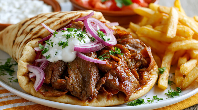 Savory gyros delight with fresh toppings and crispy fries from Greece
