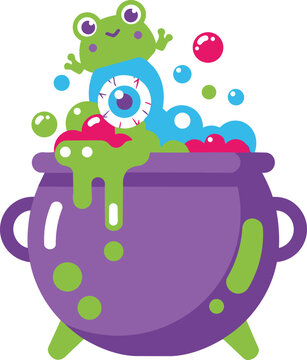 Halloween witch cauldron vector, purple magic pot with green slime and bubbles, spooky eyeball and cute frog character, colorful occult brew
