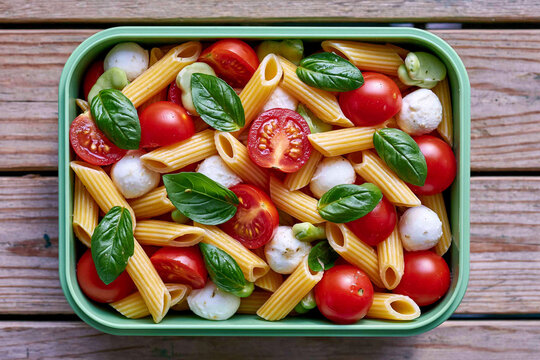 Vibrant pasta salad with mozzarella and fresh tomatoes beside wooden surface