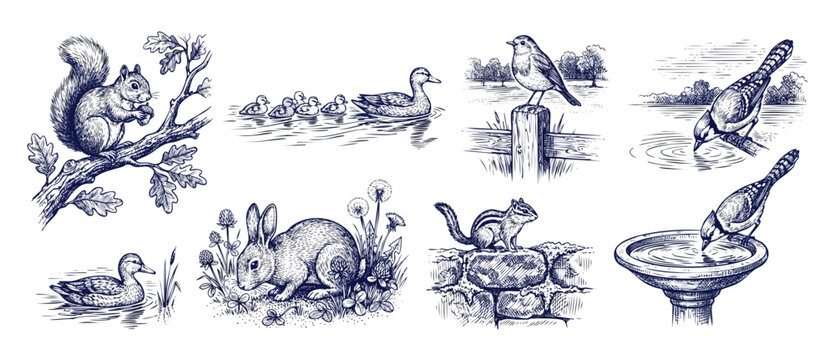 Woodland animal sketch collection set featuring hand drawn vintage illustrations of wild birds, squirrel, rabbit, chipmunk and ducks in rustic nature garden scenes for classic engraving artwork design
