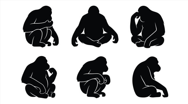 Black silhouette monkeys sitting in different poses Vector