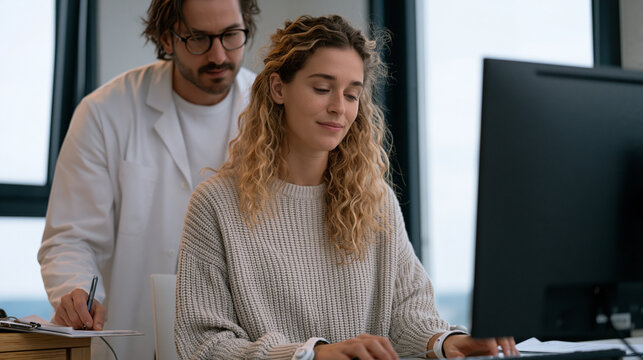 Neurocognitive psychologist administers a computerized amygdala fear response assessment to an adult research participant seated before a monitor in a controlled testing room,