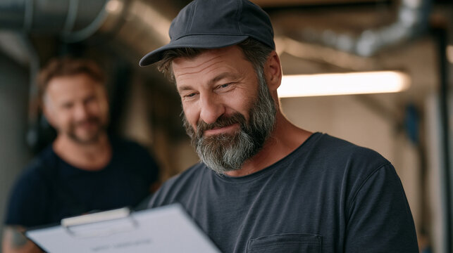 Freight elevator inspector reviews hydraulic service records in the mechanical room of an urban apartment building, safety certification clipboard and torque calibration tool