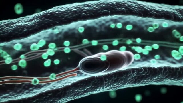 Close-Up Lymph Node Filtration Process Visualization Showing Lymph Vessels, Immune Cells, and Fluid Interplay in Human Lymphatic System