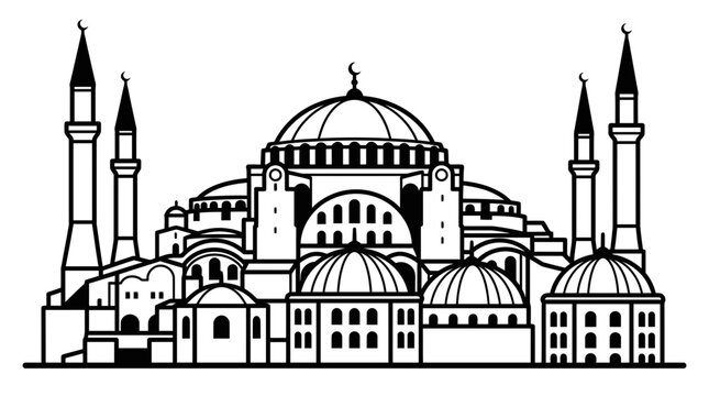 Black and white line art of Hagia Sophia mosque.