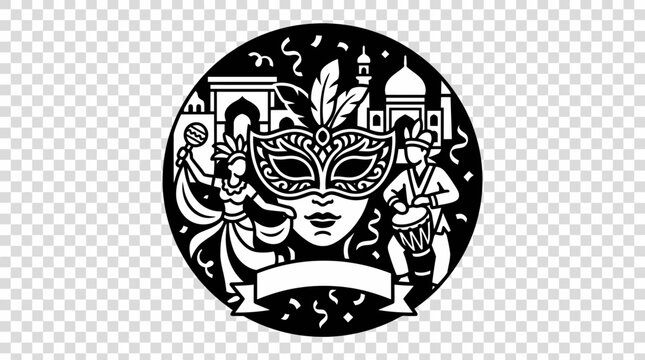 Black and white Venice Carnival mask circular illustration.