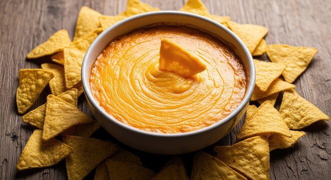 Warm melted cheese dip sits in a ceramic bowl surrounded by crispy triangular corn chips on a textured dark wood surface at a snack table, table, dip, spicy
