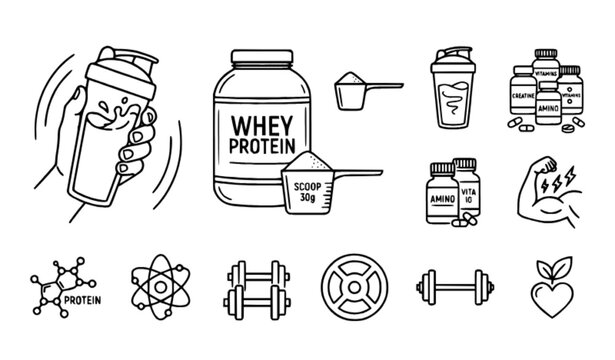 Protein Shaker Outline Icons Vector Pack for Fitness and Bodybuilding Nutrition
