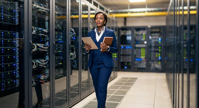Female IT professional walking with a tablet through a server room data center.

