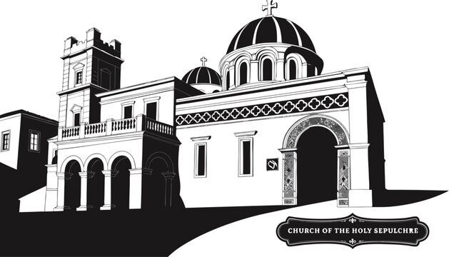 Very beautiful black-and-white engraved vector illustration featuring the CHURCH OF THE HOLY SEPULCHRE in Jerusalem, highlighting historic stone architecture and a decorative landmark label reading "C
