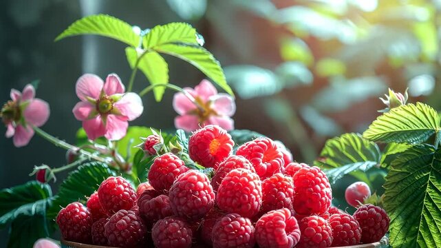 Fresh ripe red raspberries in a bowl with flowers. Close up of a heap of red raspberries in a bowl with green leaves and pink blossoms under soft sunlight.