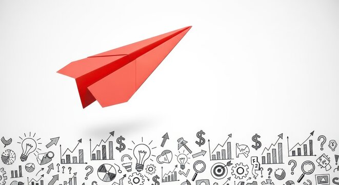 Red paper airplane flying above hand drawn business and financial growth strategy
