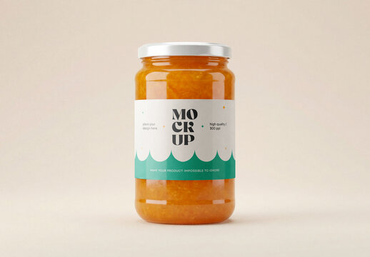Front view of a clear glass jar mockup filled with orange jam or marmalade with a white metal lid and paper label isolated on a solid beige background