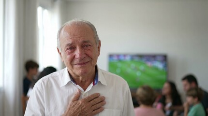 Fototapeta premium Fan Emotion: Tearful Senior Man with Hand on Heart During Family Sports Viewing