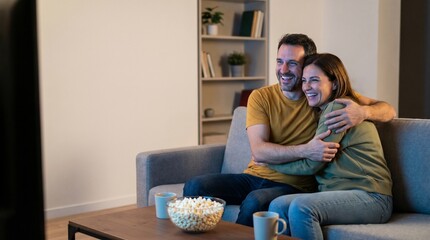 Obraz premium Fan Emotion: Happy Couple Hugging on Sofa with Popcorn and Copy Space at Home