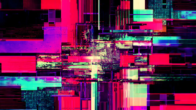 Abstract Digital Glitch Art with Vibrant Neon Colors and Geometric Patterns.