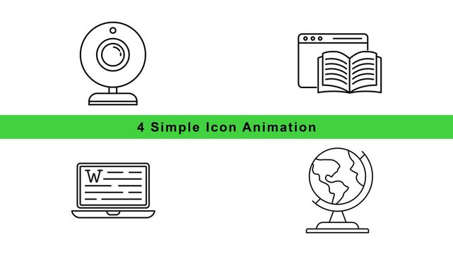 Education and Technology Icon Animation Set &ndash; Book Web Browser Microphone Globe Outline Motion Graphics Loop