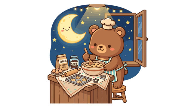 Cute Bear Baking Cookies at Night