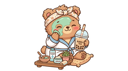 Cute Bear Enjoying Spa Day with Bubble Tea and Skincare © punduh