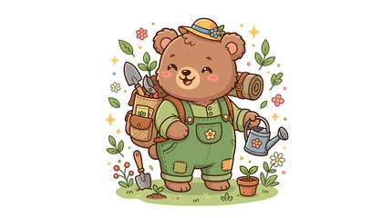 Cute Bear Gardener with Backpack and Watering Can © punduh