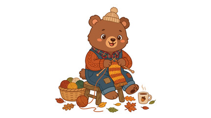 Obraz premium Cute Bear Knits Scarf, Autumn Leaves, Cozy Hobby