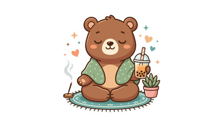 Cute Bear Meditating with Boba Tea and Incense © punduh