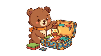 Cute Bear Packing Suitcase for Adventure with Lantern © punduh