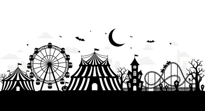 Spooky carnival silhouette with circus tents and ferris wheel, haunted amusement park landscape, halloween fairground background with roller coaster