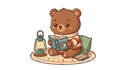 Cute bear reading book by lantern light © punduh