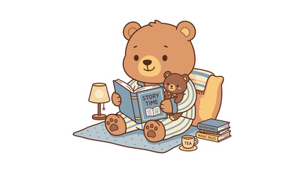 Cute Bear Reading Book to Teddy Bear with Pillow and Lamp © punduh