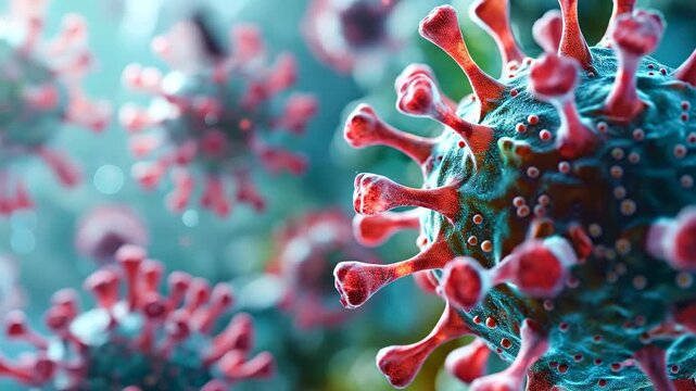 Microscopic view of coronavirus cells with red spike proteins. Close-up details of spherical viral pathogens with distinct red receptors against a teal background.
