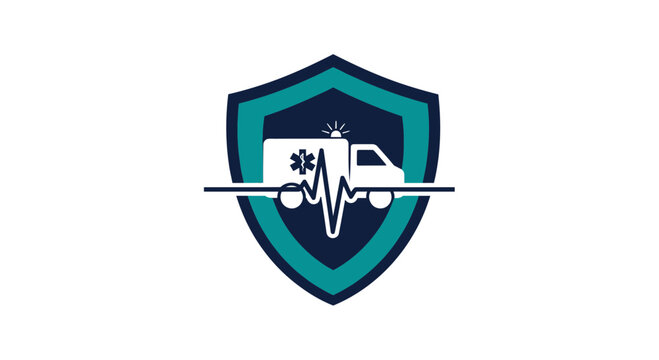 Medical Shield: Ambulance Symbol inside Shield Representing Emergency Health Protection Services