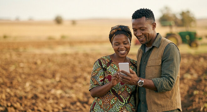 Smiling farmer couple looking at a smartphone together in a rural agricultural field.

