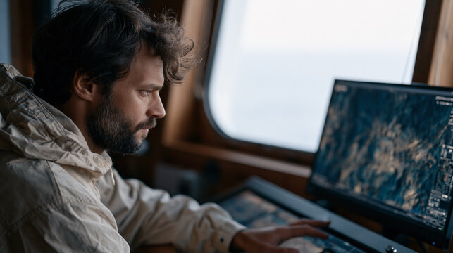 Oceanography remotely-operated vehicle technician in vessel control room guiding deep transect mission, seafloor footage on main monitor showing hadal zone terrain, depth readout