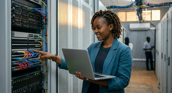 Female IT technician holding a laptop while working on server racks in a data center.

