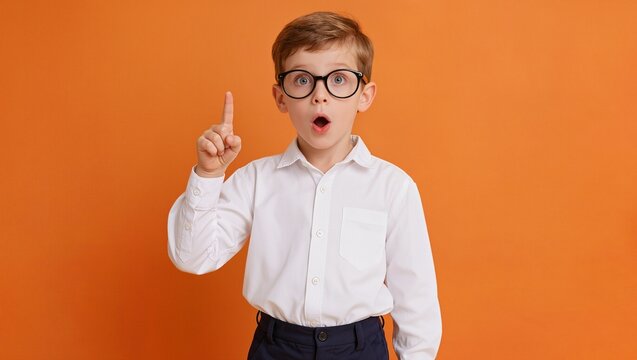 Young boy with glasses wearing a white shirt and dark pants raises his finger in surprise against a bright orange background, expressing a moment of realization or discovery