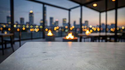 Obraz premium Honed Grey Concrete Table Surface on Sleek Skyline Restaurant Patio with Steel Structures Luxury Cit