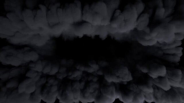 Slow motion top down tracking view of smoke cloud ring expanding and billowing inward over dark studio void background