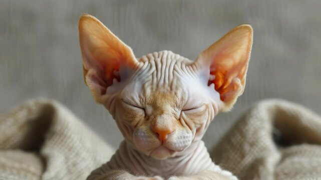 Hairless sphynx cat looking surprised with wide open eyes. Close-up portrait of a hairless sphynx cat with wide eyes and open mouth on a textured background.