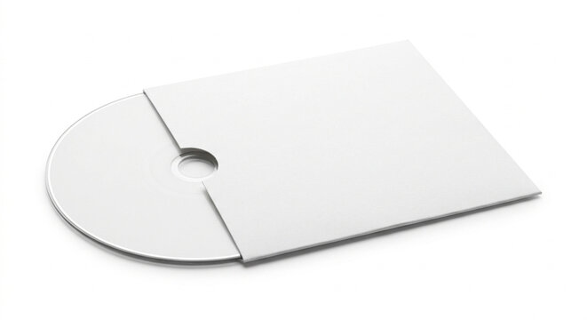Blank white square CD or DVD sleeve with a white disc peeking out, isolated on a white background.

