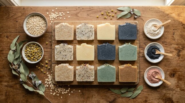 Handmade natural soap bars arranged on wooden board with organic ingredients. Assortment of botanical body care products with herbs and powders for spa wellness and home bath routine.