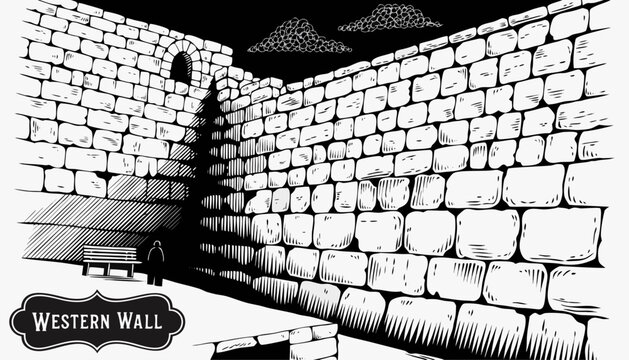 Very beautiful black-and-white engraved vector illustration featuring the WESTERN WALL in Jerusalem, with detailed stone textures and a decorative landmark label reading "WESTERN WALL", rendered in re