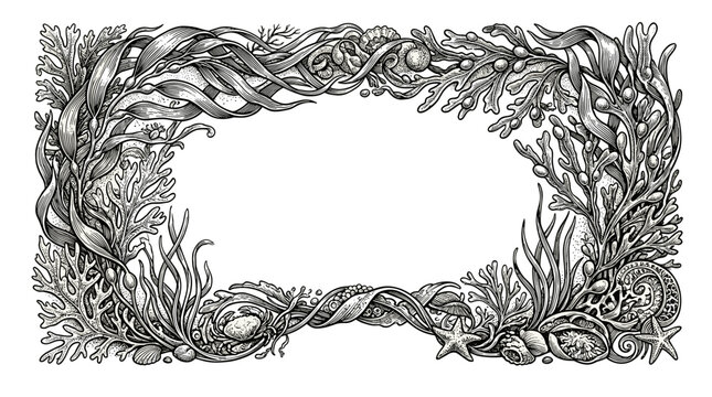  Vintage marine flora rectangular frame with seaweed, kelp, starfish and crab. Hand drawn sketch engraving style border template with copy space for seafood menu, cosmetic label or nautical design.